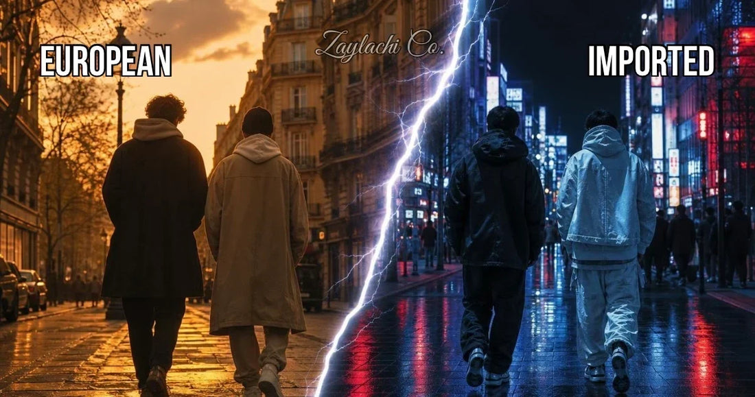 Comparativa streetwear europeo vs importado. Calle europea  dorada vs ciudad asiática neón. Zaylachi Co.