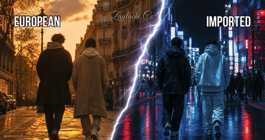 Comparativa streetwear europeo vs importado. Calle europea  dorada vs ciudad asiática neón. Zaylachi Co.