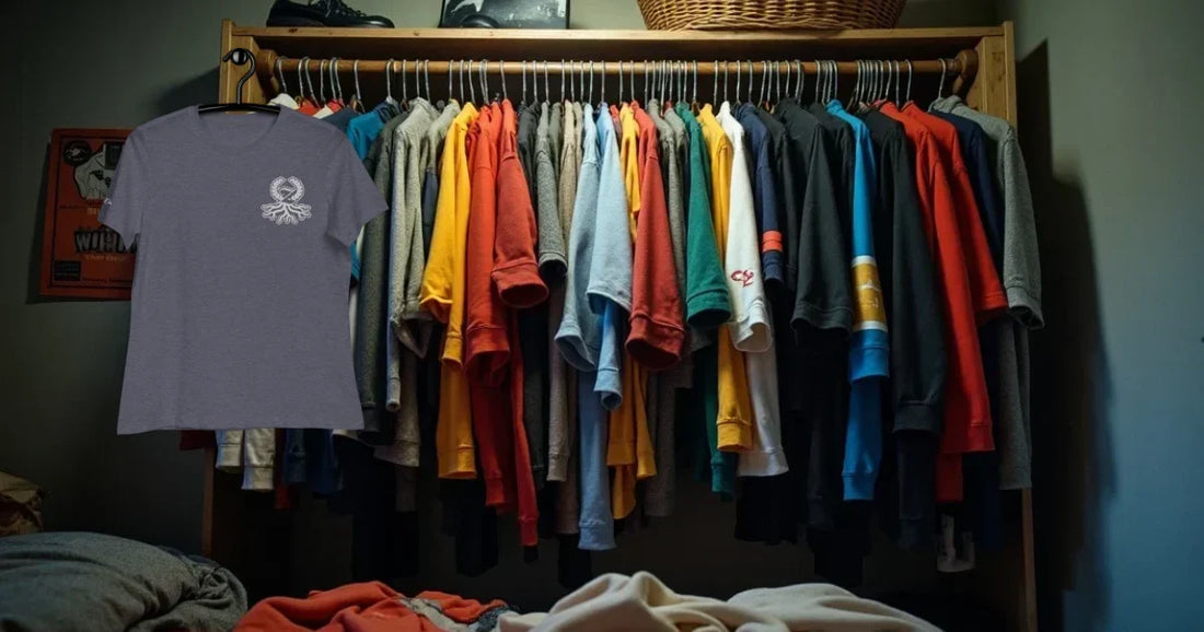 Camiseta Zaylachi Co. bordada frente a armario saturado de ropa colorida fast fashion. Streetwear vs fast fashion el coste oculto de tu armario.