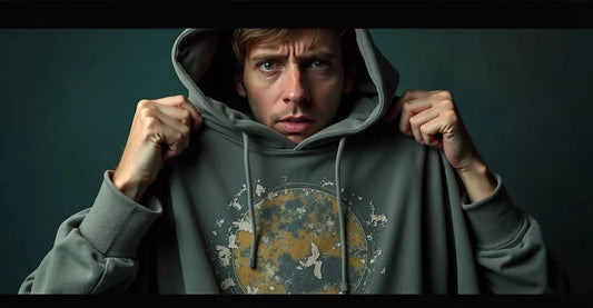 Joven mirando su sudadera streetwear con el estampado desgastado y desteñido por malos cuidados en el lavado