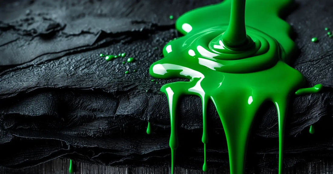 Greenwashing moda — pintura verde sobre tejido negro industrial.  Zaylachi Co. streetwear sostenible.
