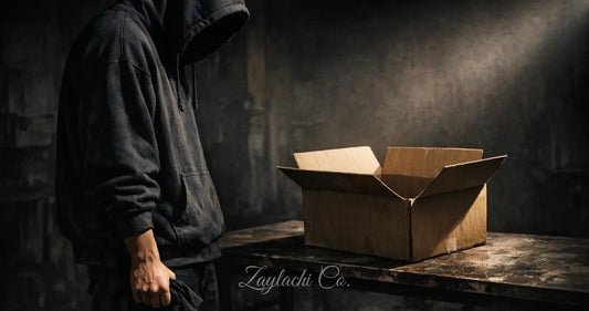 Persona con hoodie negro inspeccionando caja abierta.  Cómo detectar ropa de calidad streetwear Zaylachi Co.