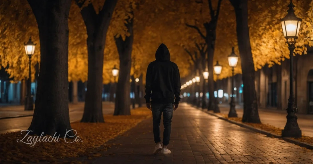 Figura con hoodie negro paseando avenida otoño nocturna.  Prendas streetwear esenciales otoño invierno Zaylachi Co.