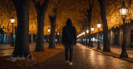 Figura con hoodie negro paseando avenida otoño nocturna.  Prendas streetwear esenciales otoño invierno Zaylachi Co.
