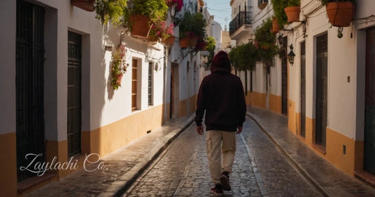 Figura con hoodie granate caminando calle empedrada andaluza. Colores streetwear que siempre funcionan Zaylachi Co.