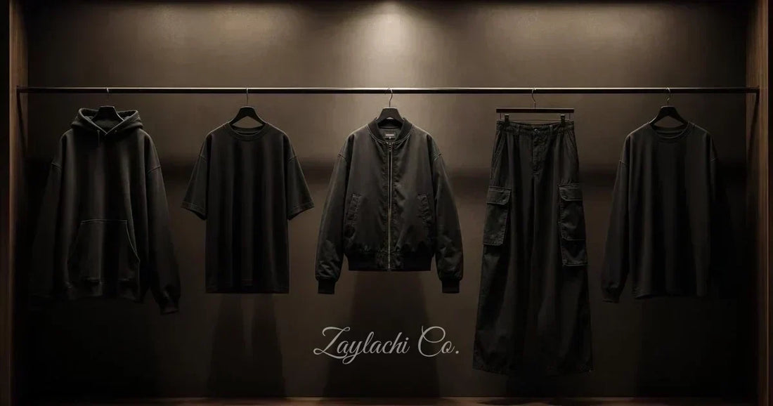 Five black streetwear pieces hanging: hoodie, oversized tee, bomber jacket, cargo pants and sweatshirt. Minimalist streetwear capsule wardrobe Zaylachi Co.