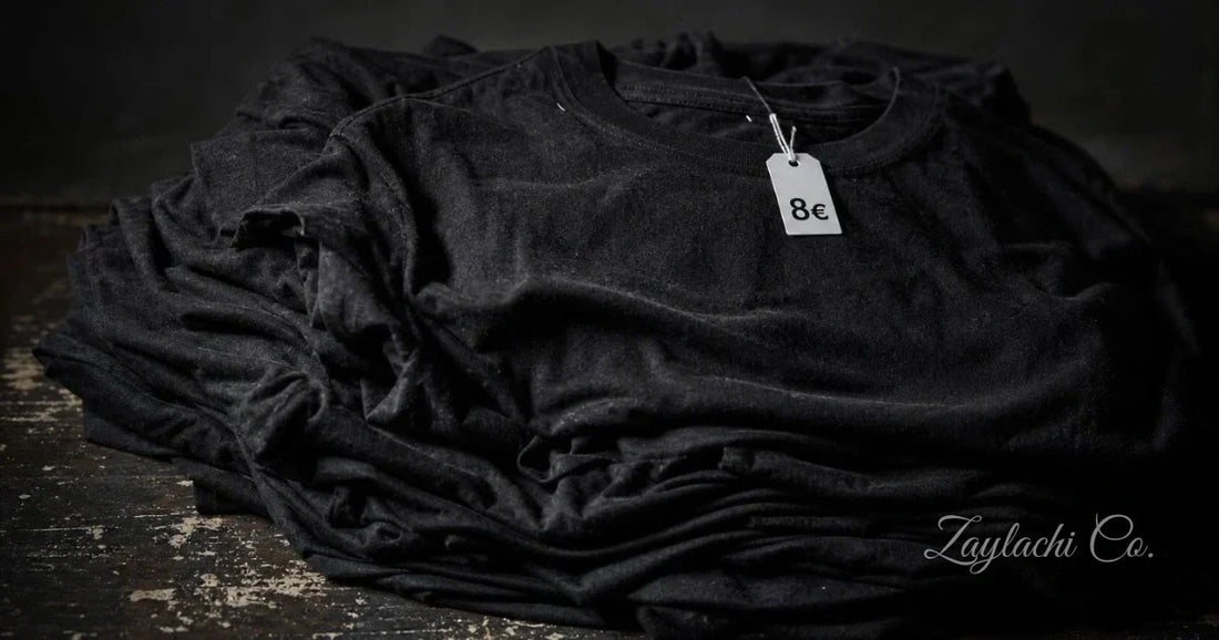 Pile de t-shirts noirs bon marché avec étiquette prix 8€. Le vrai coût des vêtements pas chers et de la fast fashion. Zaylachi Co.