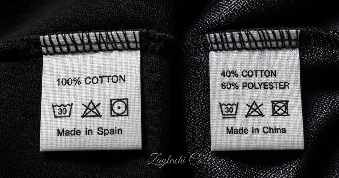 Comparativa etiquetas camiseta 100% algodón Made in Spain vs 40% poliéster Made in China. Materiales streetwear real Zaylachi Co.