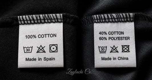Comparativa etiquetas camiseta 100% algodón Made in Spain vs 40% poliéster Made in China. Materiales streetwear real Zaylachi Co.