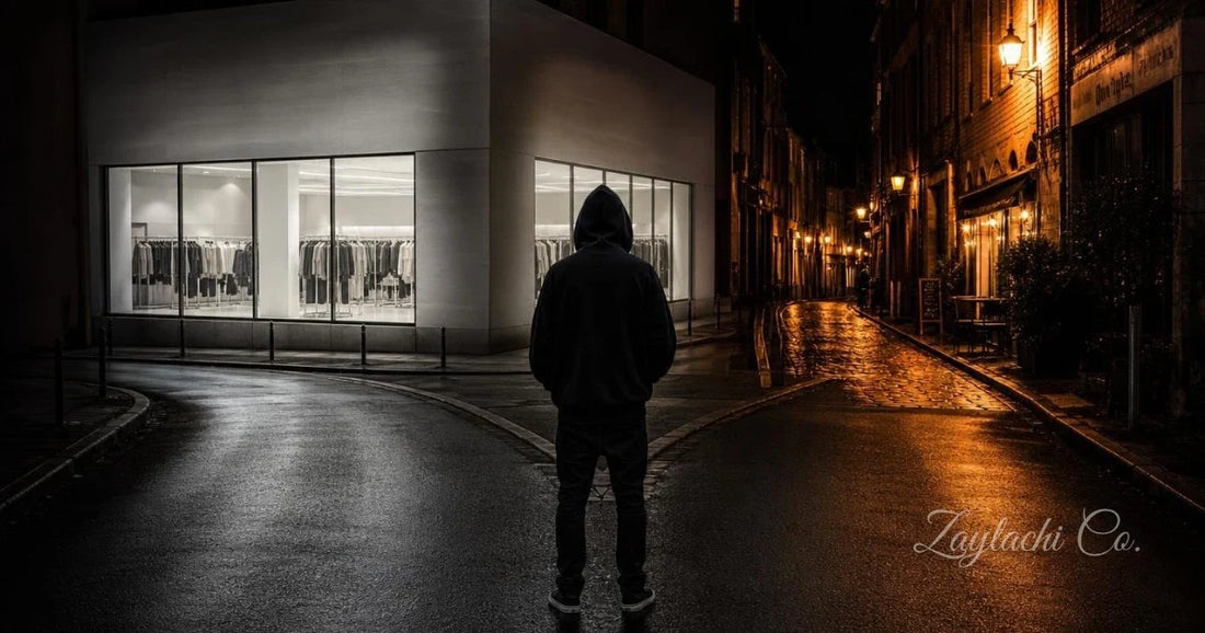 Hooded figure at crossroads — illuminated fast fashion store vs atmospheric cobblestone street at night. What you really choose when you buy clothes. Zaylachi Co.