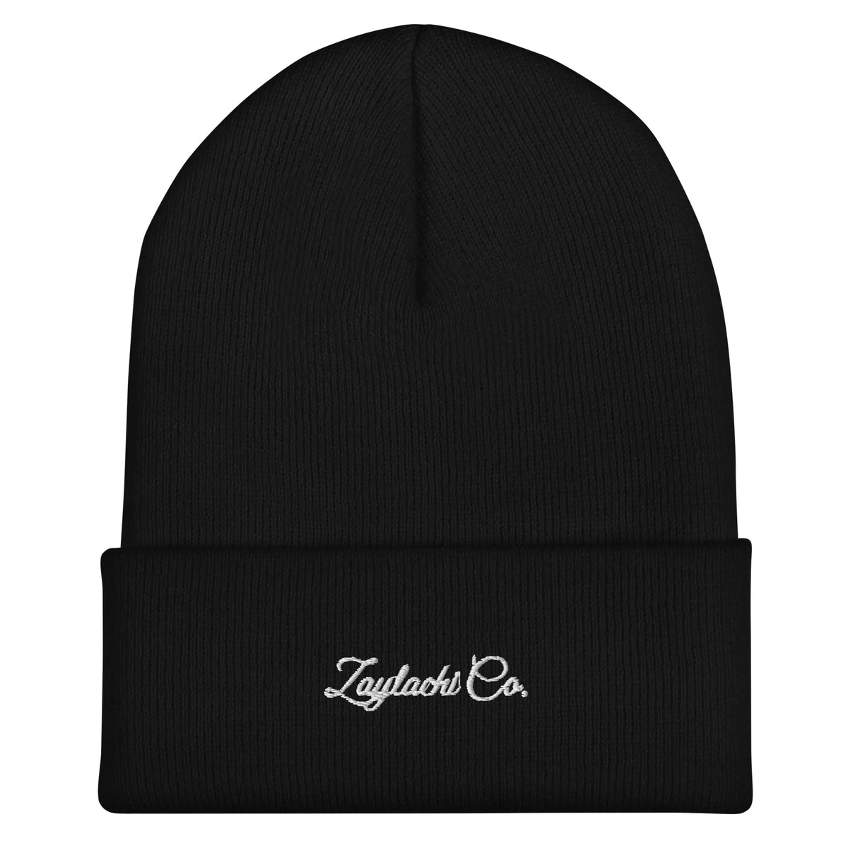 Gorro beanie negro Zaylachi Co. vista frontal bordado blanco. 100% acrílico Turbo hipoalergénico streetwear.