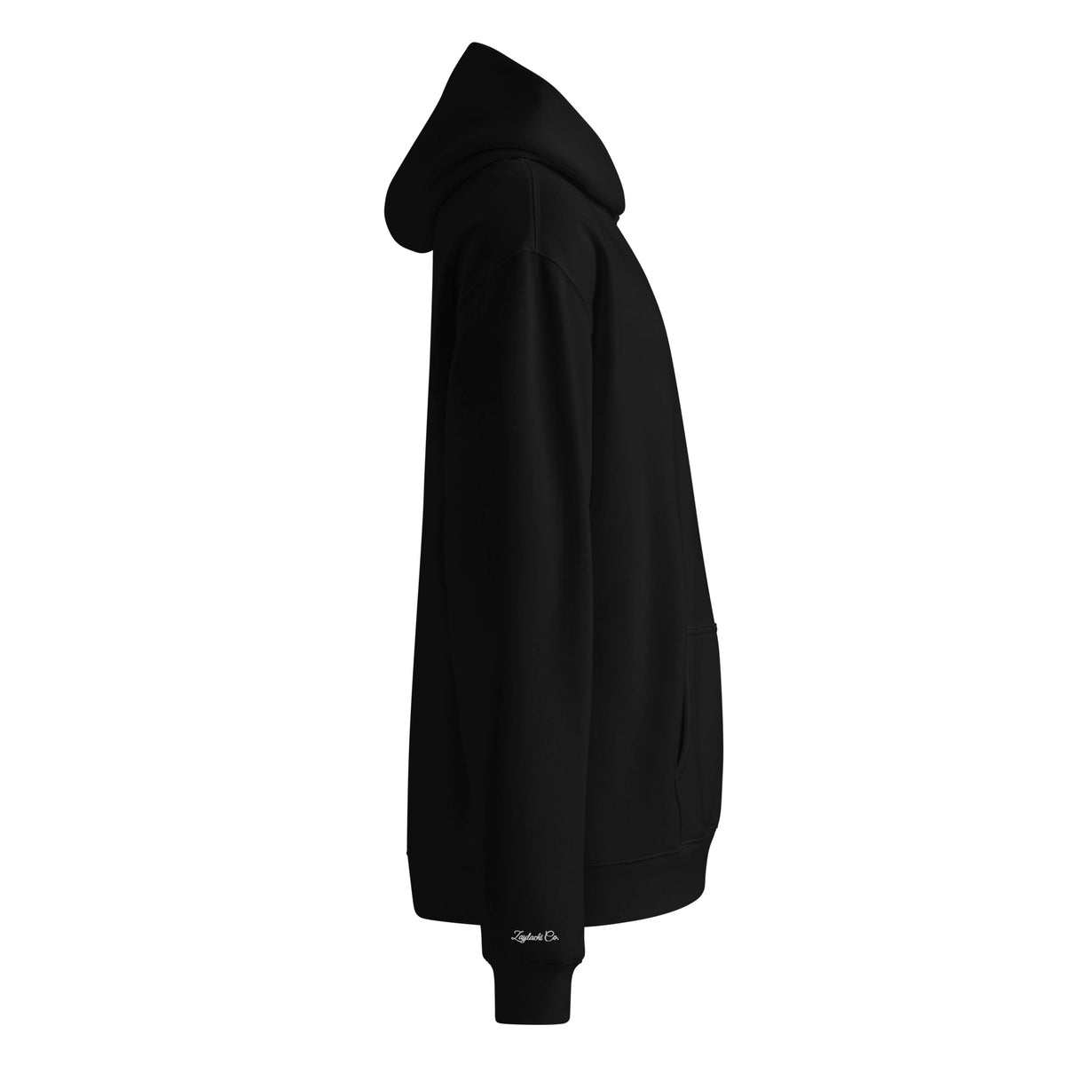 Sudadera oversize negra Zaylachi Co. 319gsm vista lateral. Hombros caídos corte holgado heavyweight streetwear.

