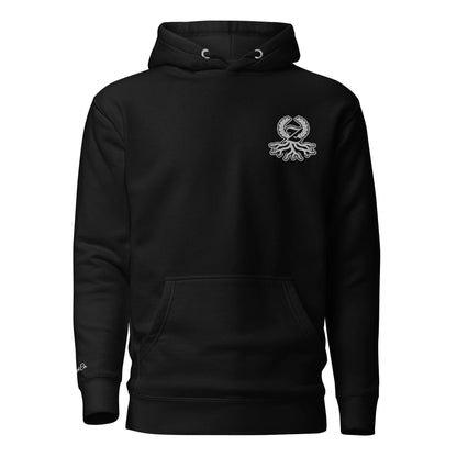 Sudadera premium negra Zaylachi Co. 288gsm vista frontal. Bordado pecho capucha 3 paneles streetwear premium.