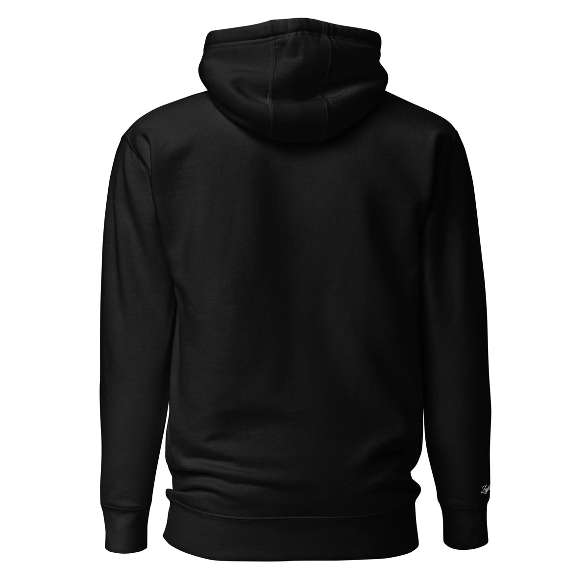Sudadera premium negra Zaylachi Co. 288gsm vista trasera. Parche mismo tejido 288gsm soft-washed streetwear.