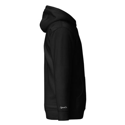 Sudadera premium negra Zaylachi Co. 288gsm vista lateral. Cordón plano capucha 3 paneles heavyweight streetwear.