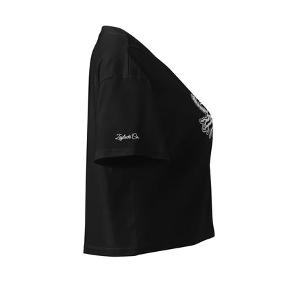 Women's black crop boxy tee side view Zaylachi Co. embroidered signature on sleeve | Zaylachi Co.
