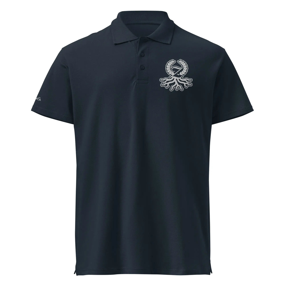 Navy pique polo white embroidered Zaylachi Origine logo streetwear | Zaylachi Co.