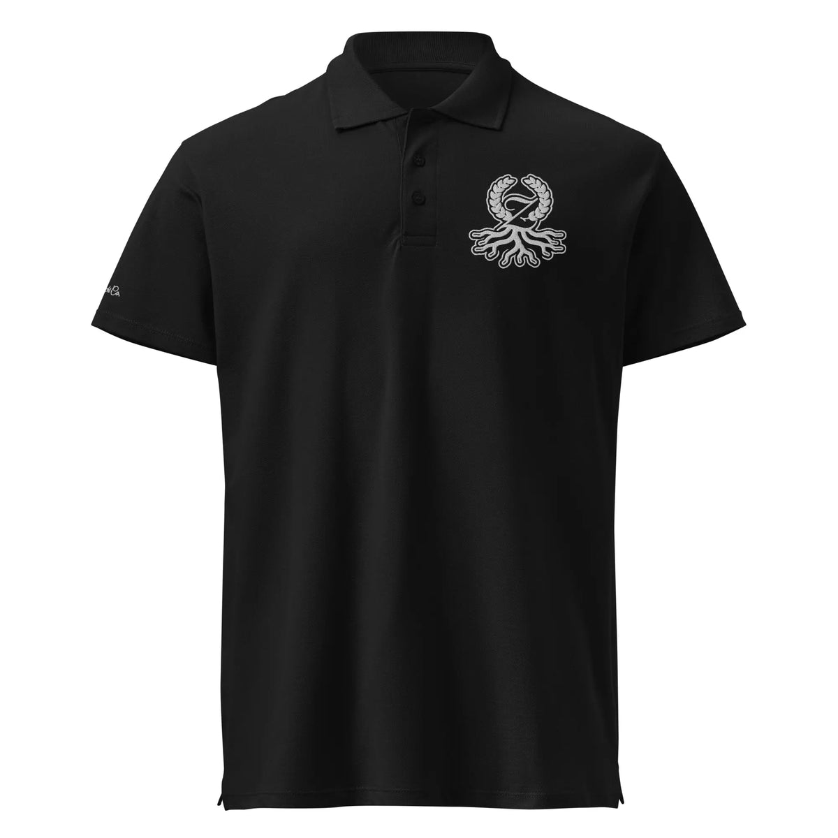 Black pique polo white embroidered Zaylachi Origine logo front view | Zaylachi Co.