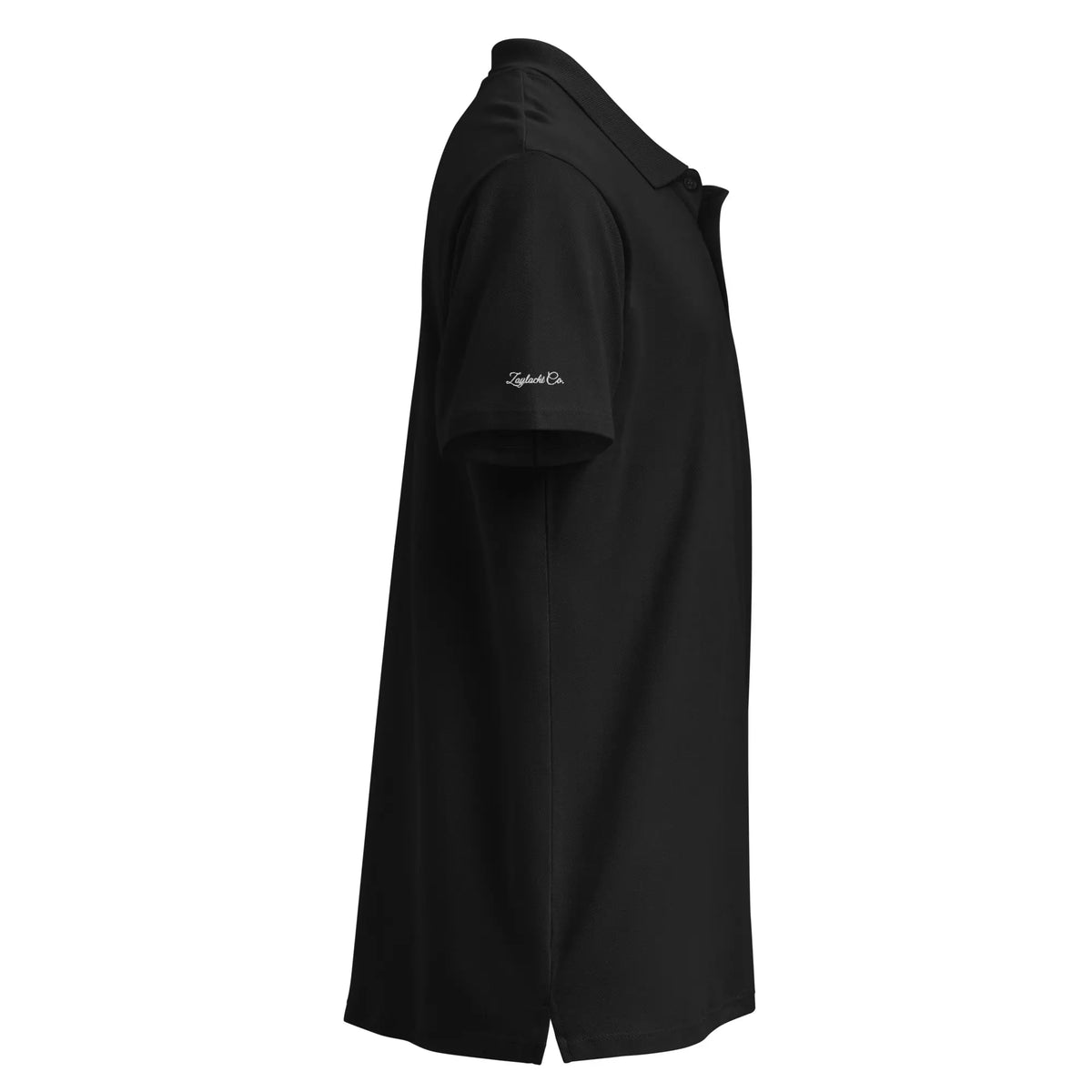 Black pique polo side view Zaylachi Co. embroidered signature on sleeve | Zaylachi Co.