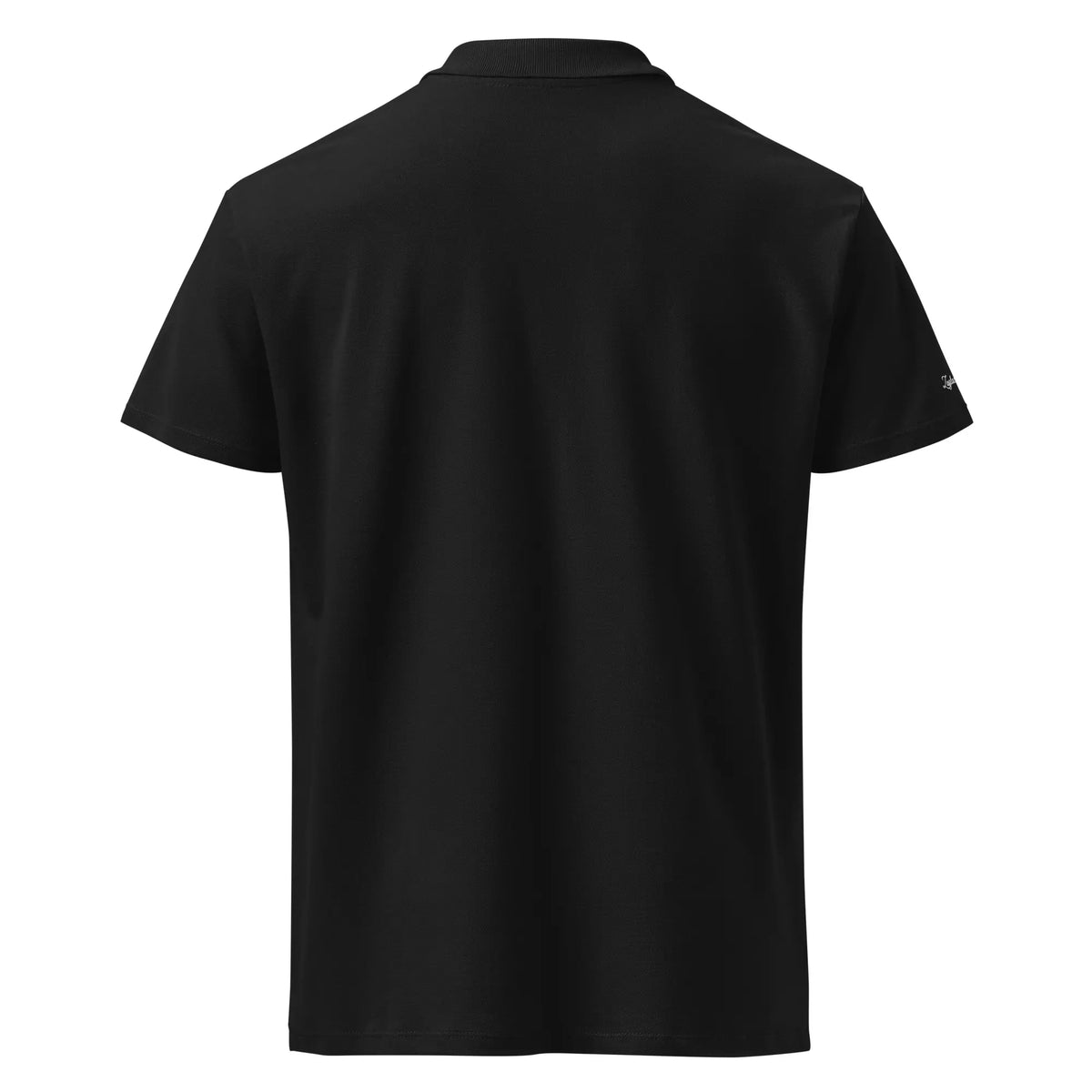 Black pique polo white embroidered Zaylachi Origine logo rear view | Zaylachi Co.