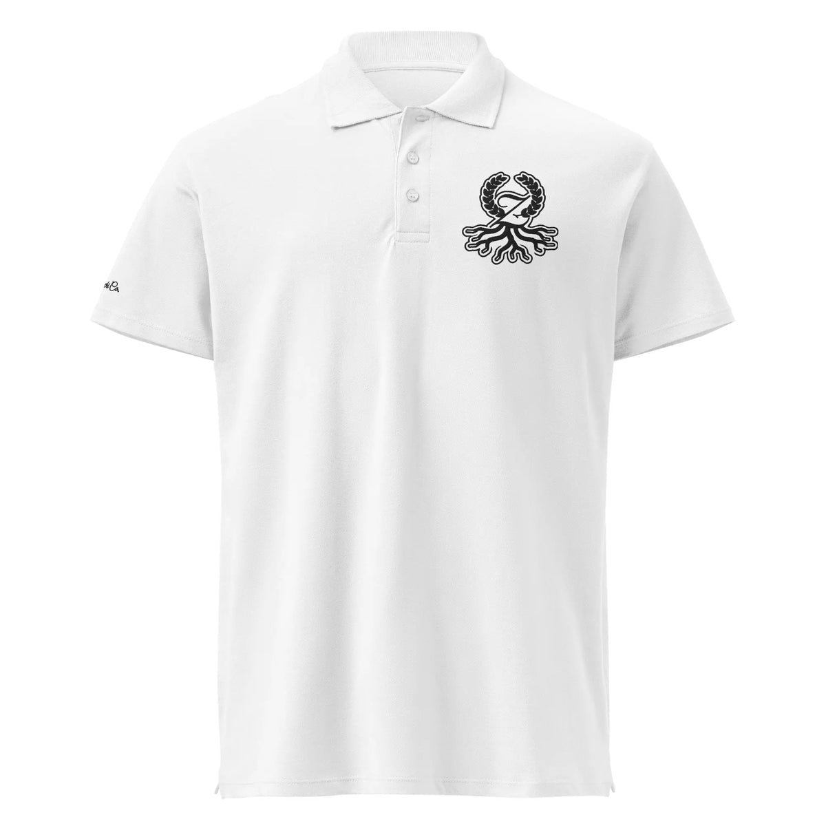Polo piqué blanco logo negro bordado Zaylachi Origine vista frontal